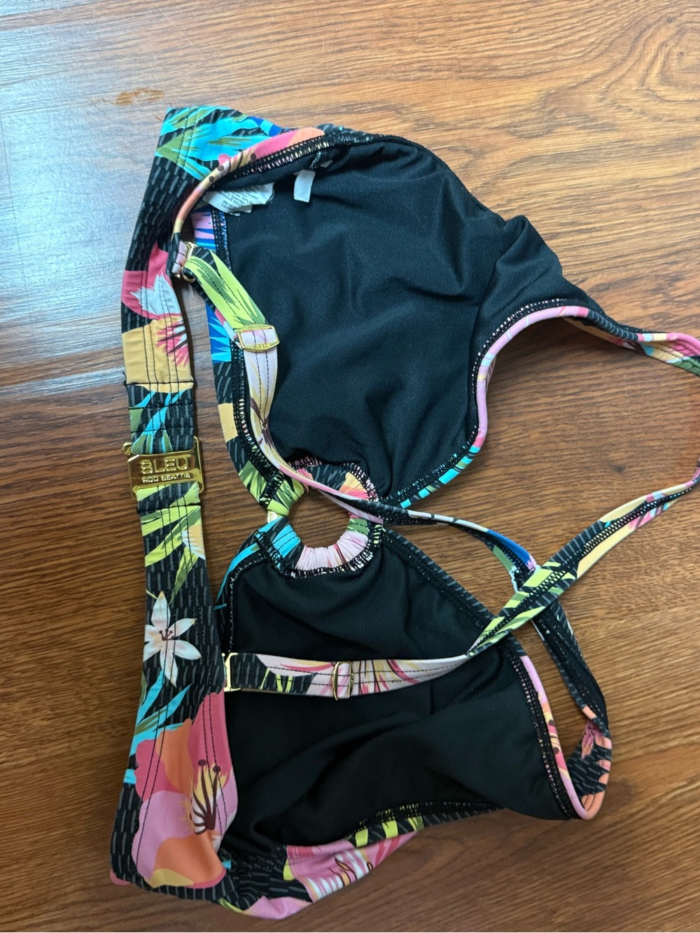 Floral Twist Front Bikini Set - Black with Pink & Blue Flowers - Picture 3 of 7